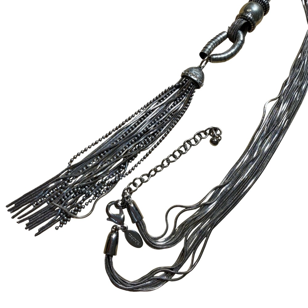 Chico's Tassel Necklace Silver Multi-Strand Bohemian Statement Chic